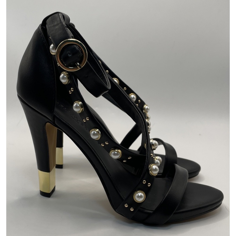 Karl Lagerfeld Paris Cedra Black Strappy Embellished Studded Heels Women's 5